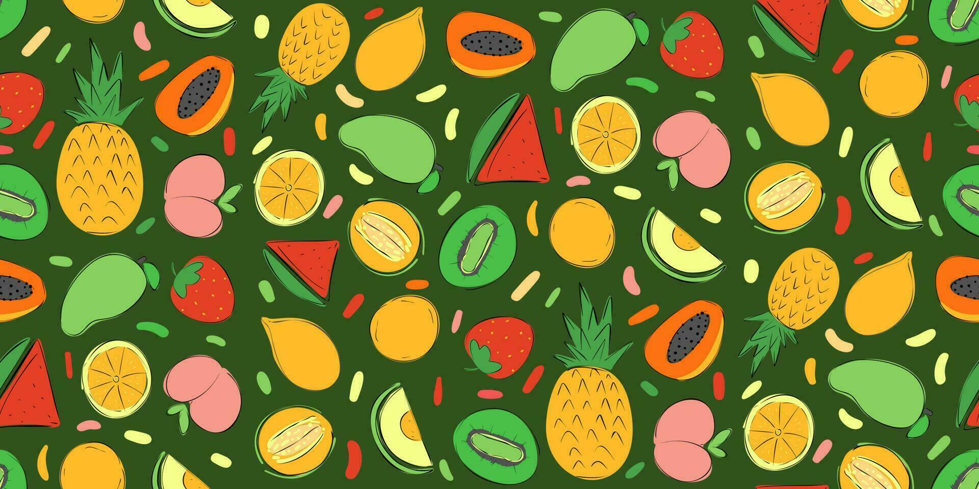 Exotic fruit seamless pattern in hand drawn style. Vector repeat background for colorful summer fabric