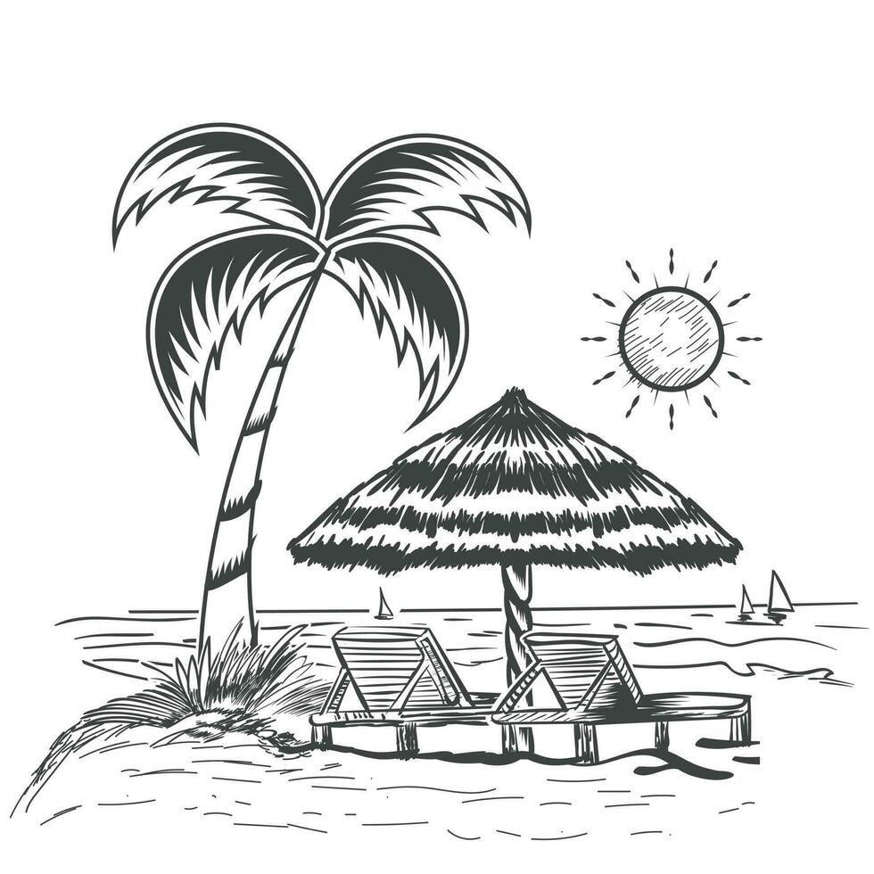 Summer sea beach pencile drawing vector design.