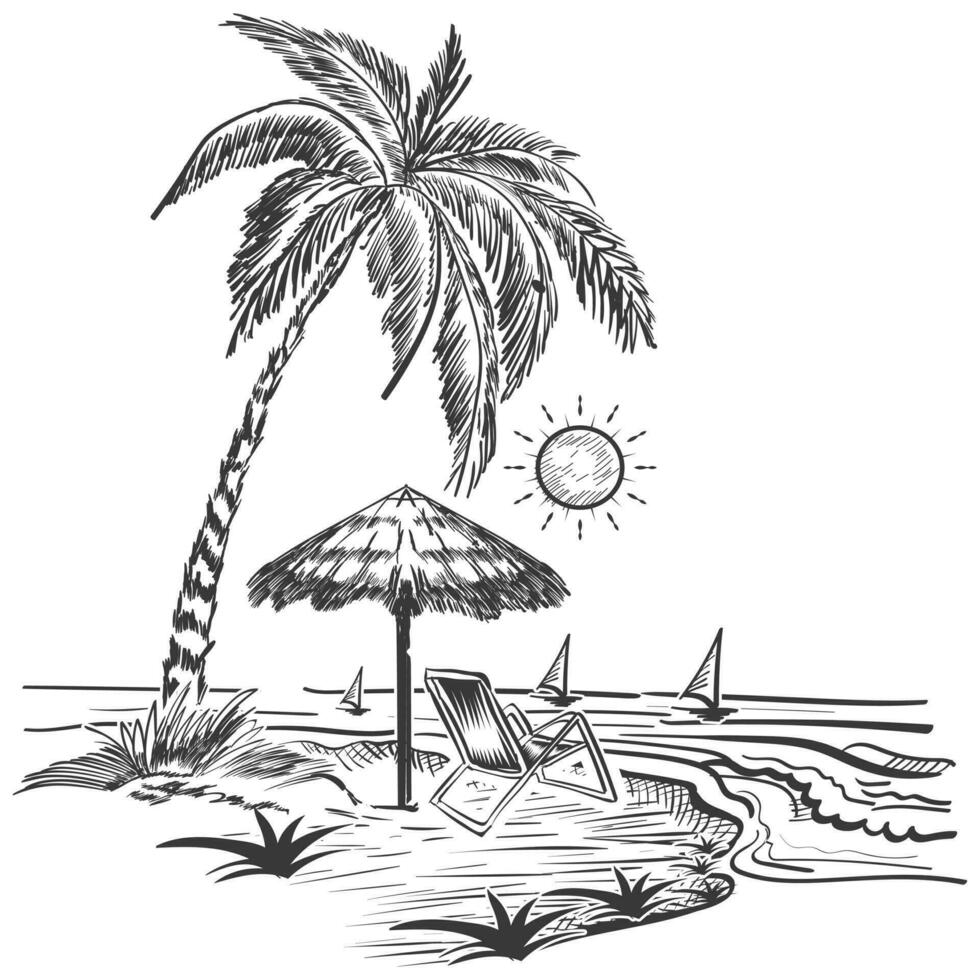 Pencile drawing summer sea beach vector design sunset.