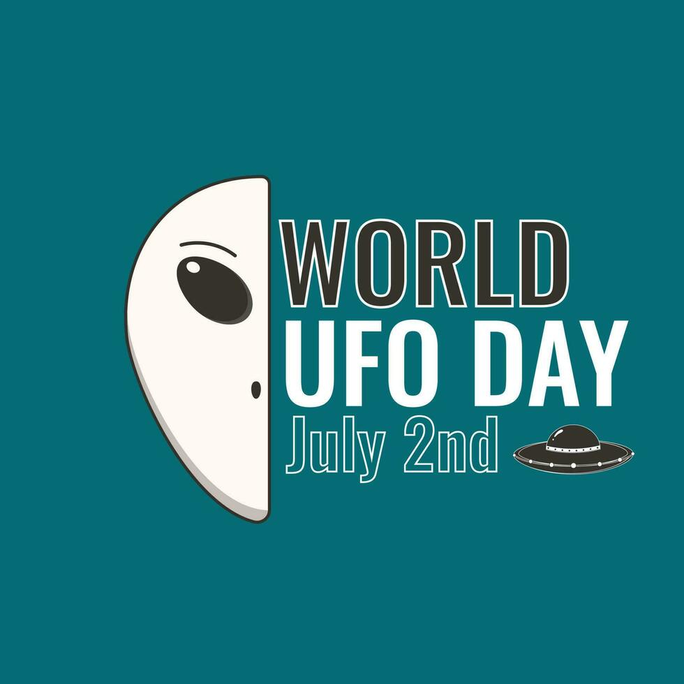 Vector world UFO day poster with an alien's head and 'World UFO day' inscription and a flying saucer, in the emerald green background.