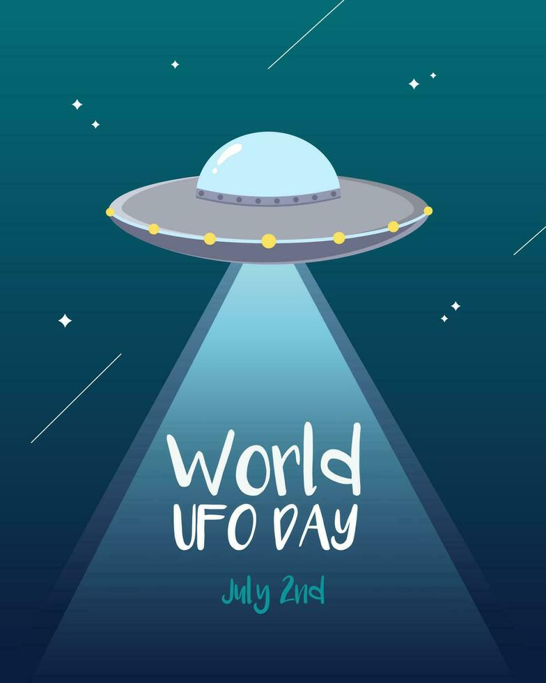 World UFO day vector poster with a flying saucer and World UFO day inscription on the star sky background.