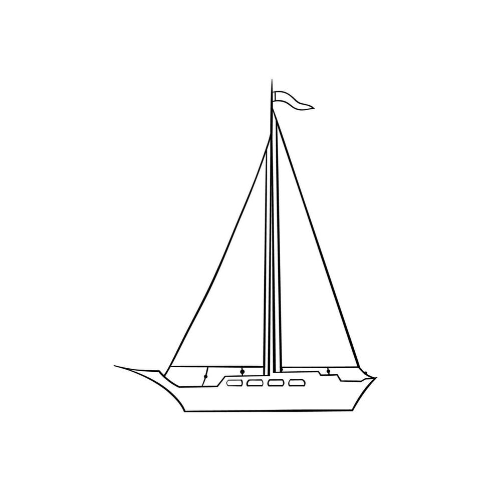 Sail boat. Cute boat with sails on a white isolated background. Sailboat and water waves. Vector illustration in a flat style.