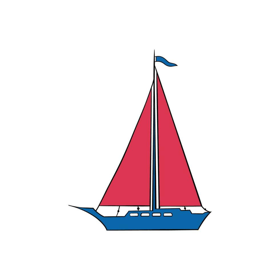 Sail boat. Cute boat with sails on a white isolated background. Sailboat and water waves. Vector illustration in a flat style.