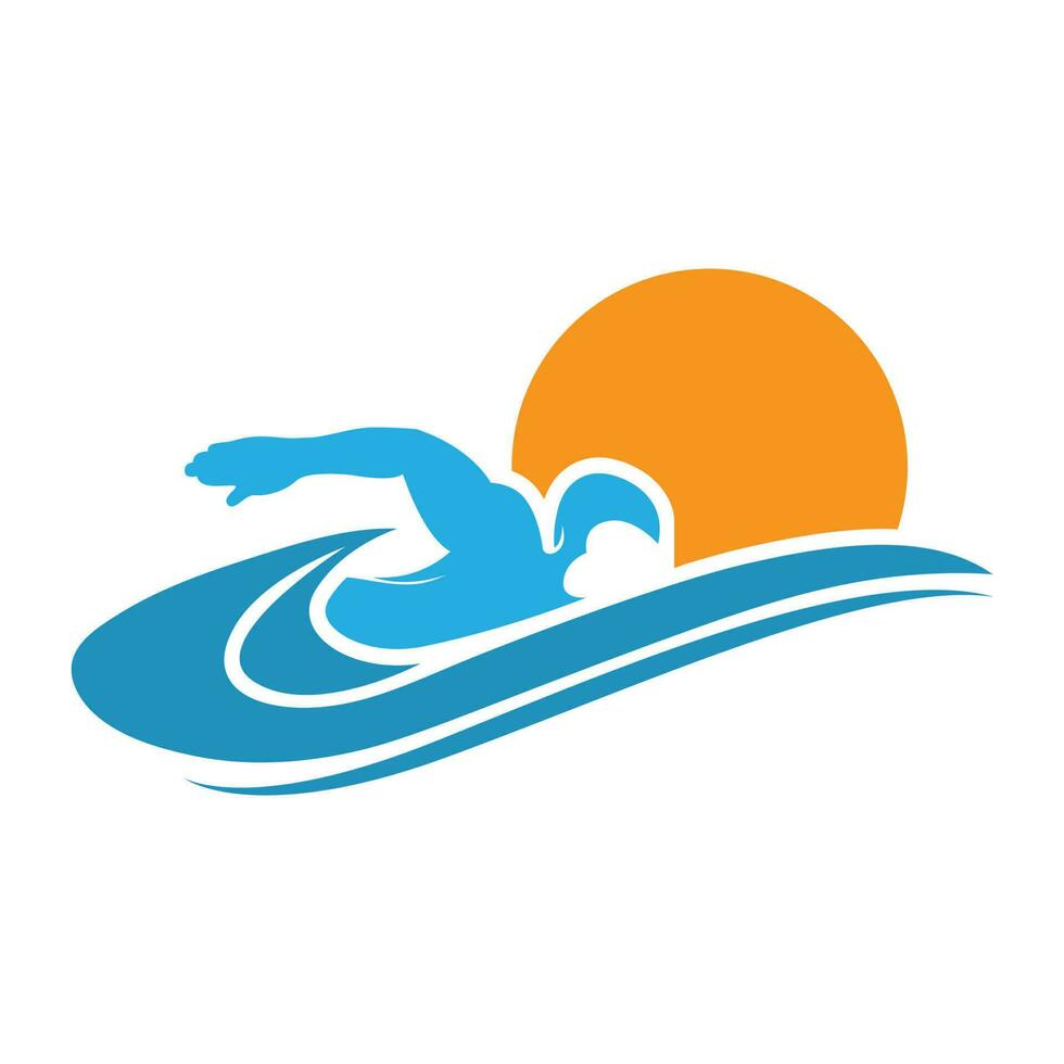 Simple Swimming Pool Silhouette, Swimmer Athlete on Sea Ocean Water Wave Logo design vector