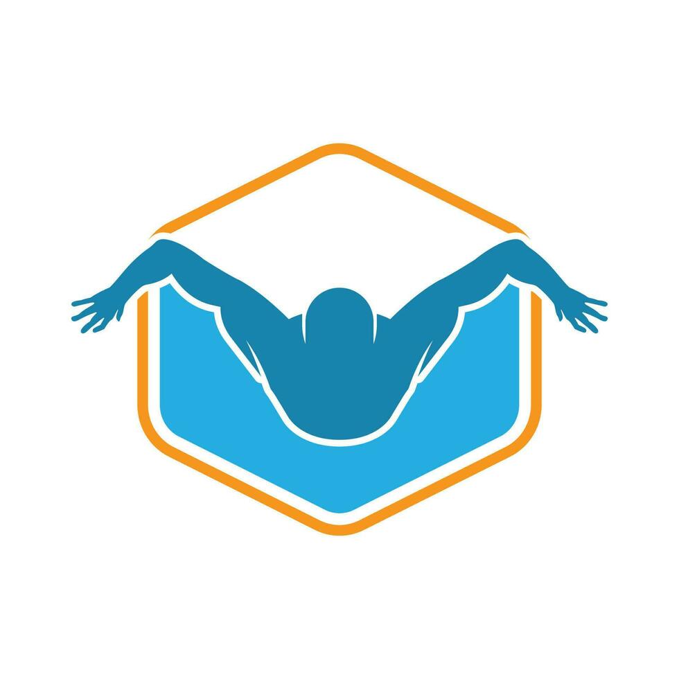 Simple Swimming Pool Silhouette, Swimmer Athlete on Sea Ocean Water Wave Logo design vector