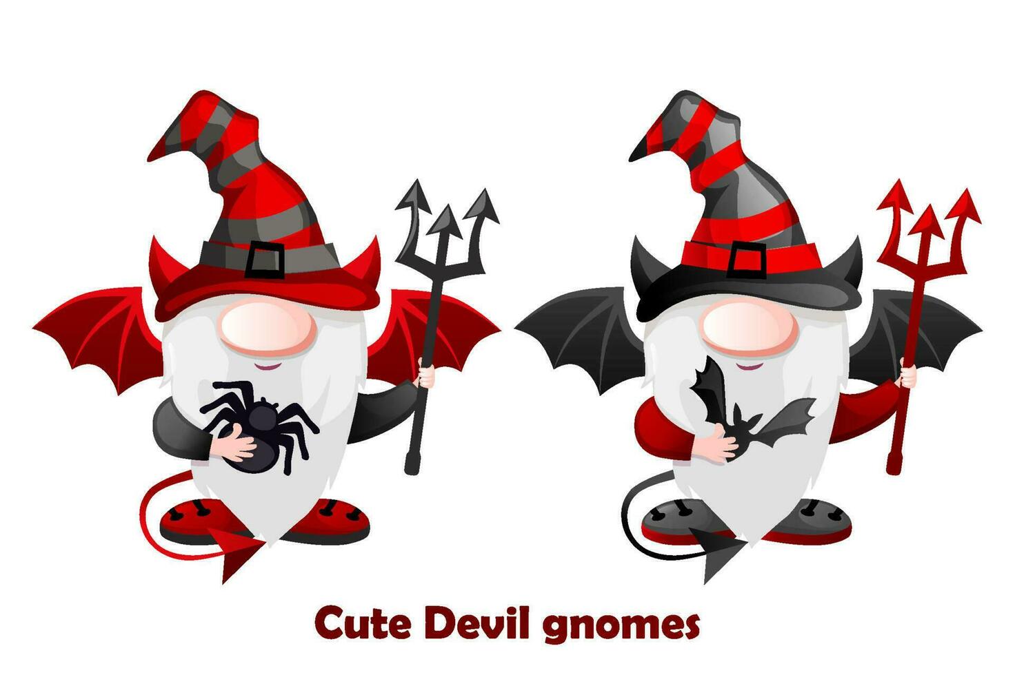 dibujos animados diablo gnomos con con el demonios tridente. Víspera de Todos los Santos duende personaje vector