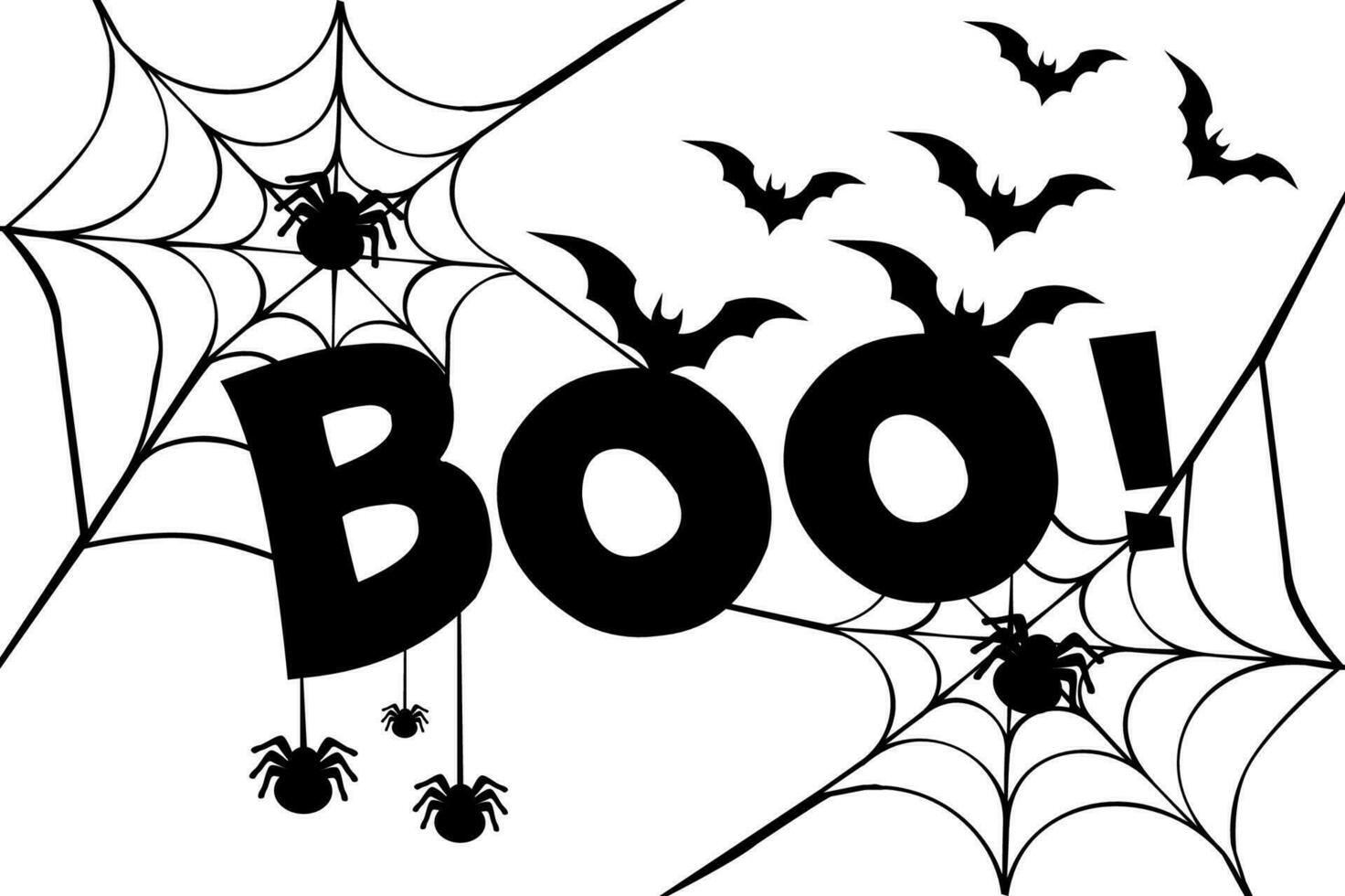 Text Boo. Halloween background, cartoon words with spider and bats vector