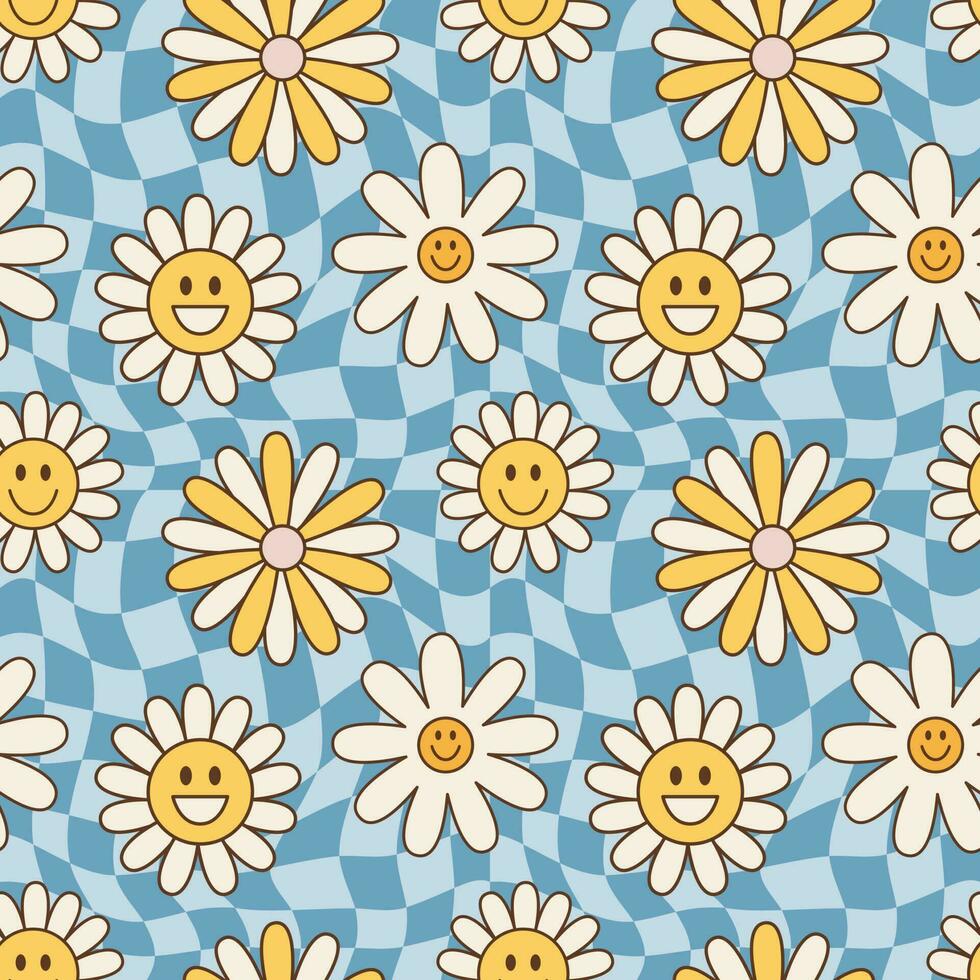 Vintage groovy flowers. Retro hippie style, floral vector seamless pattern, background 60s, 70s, 80s. Psychedelic chess board, fashionable print