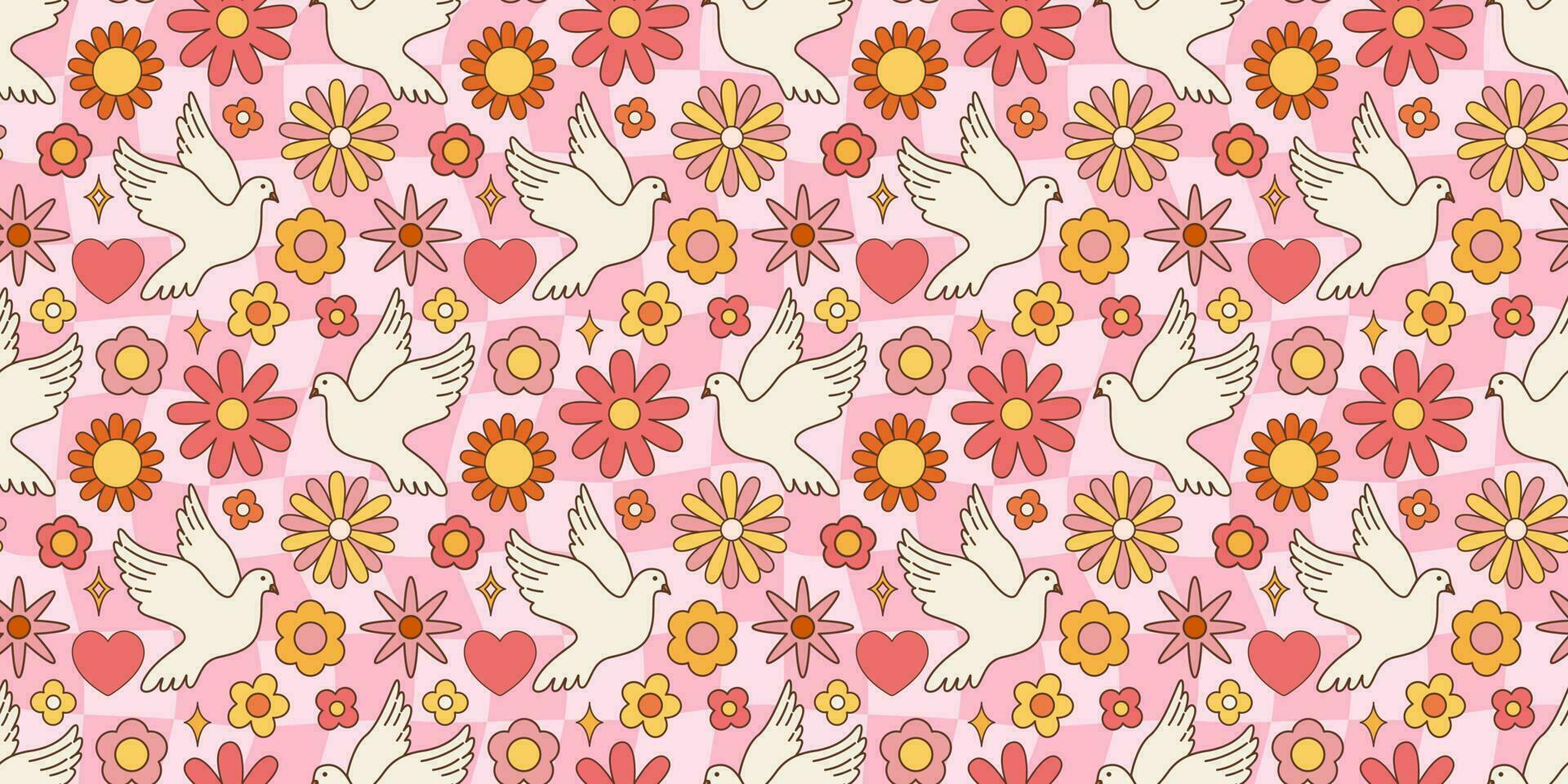 Groovy seamless pattern, flowers, white pigeon. Retro hippie style, floral vector background of the 60s, 70s, 80s