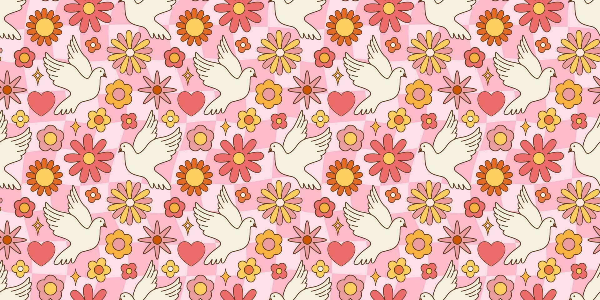 maravilloso sin costura patrón, flores, blanco paloma. retro hippie estilo, floral vector antecedentes de el años 60, años 70, Años 80