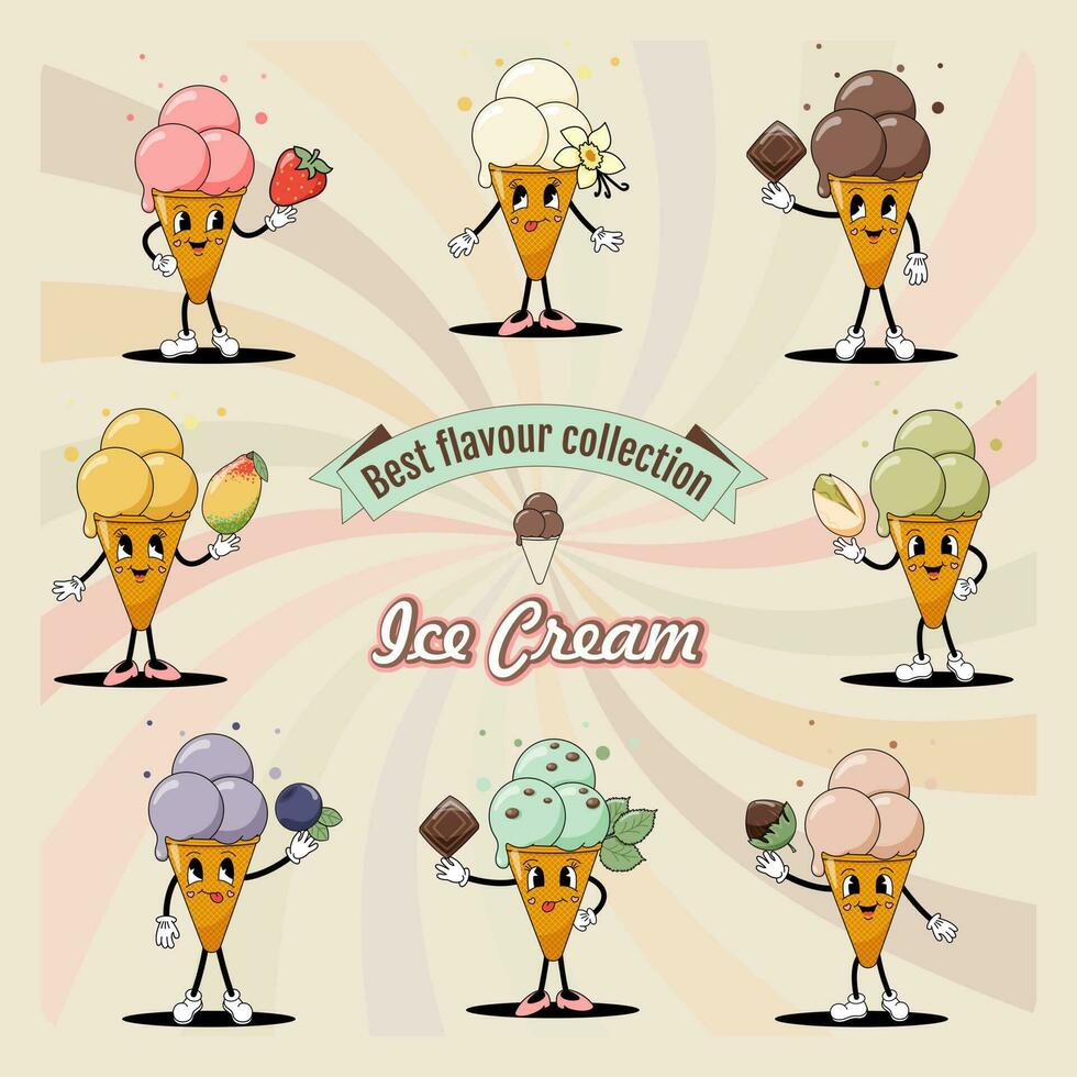 un conjunto de hielo cremas en un cono con popular sabores linda dibujos animados personaje desde el años 60, años 70 retro estilo. vector