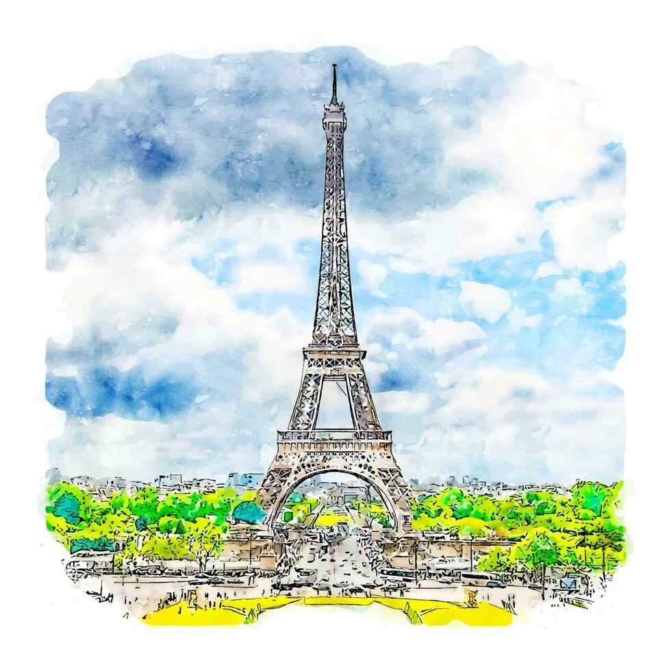 Eiffel Tower Paris France Watercolor sketch hand drawn illustration vector