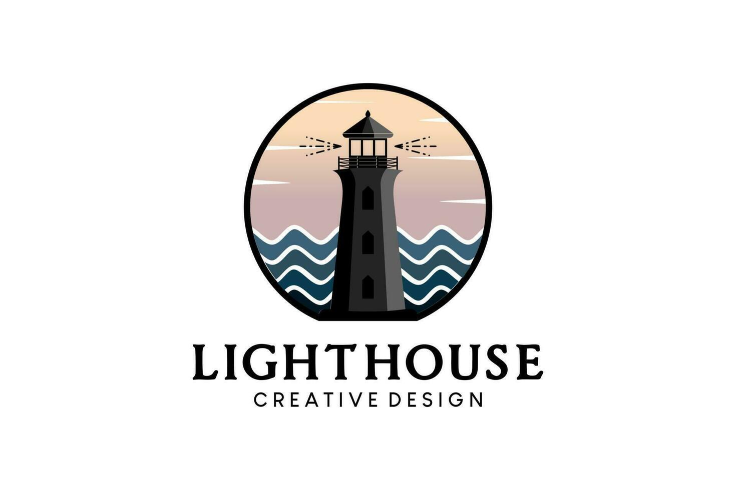 Lighthouse logo design with waves and sky background vector