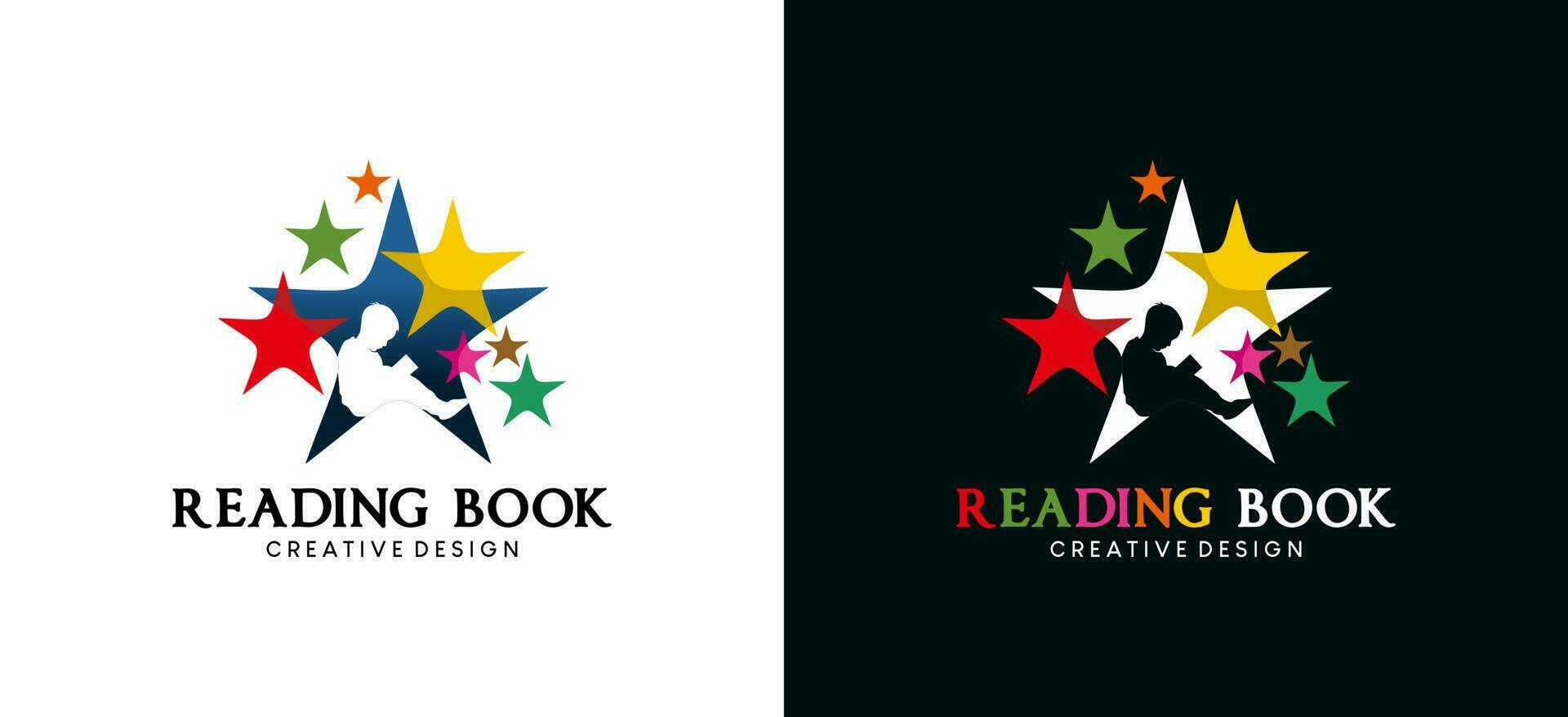 Children reading book with colorful stars for education logo design vector