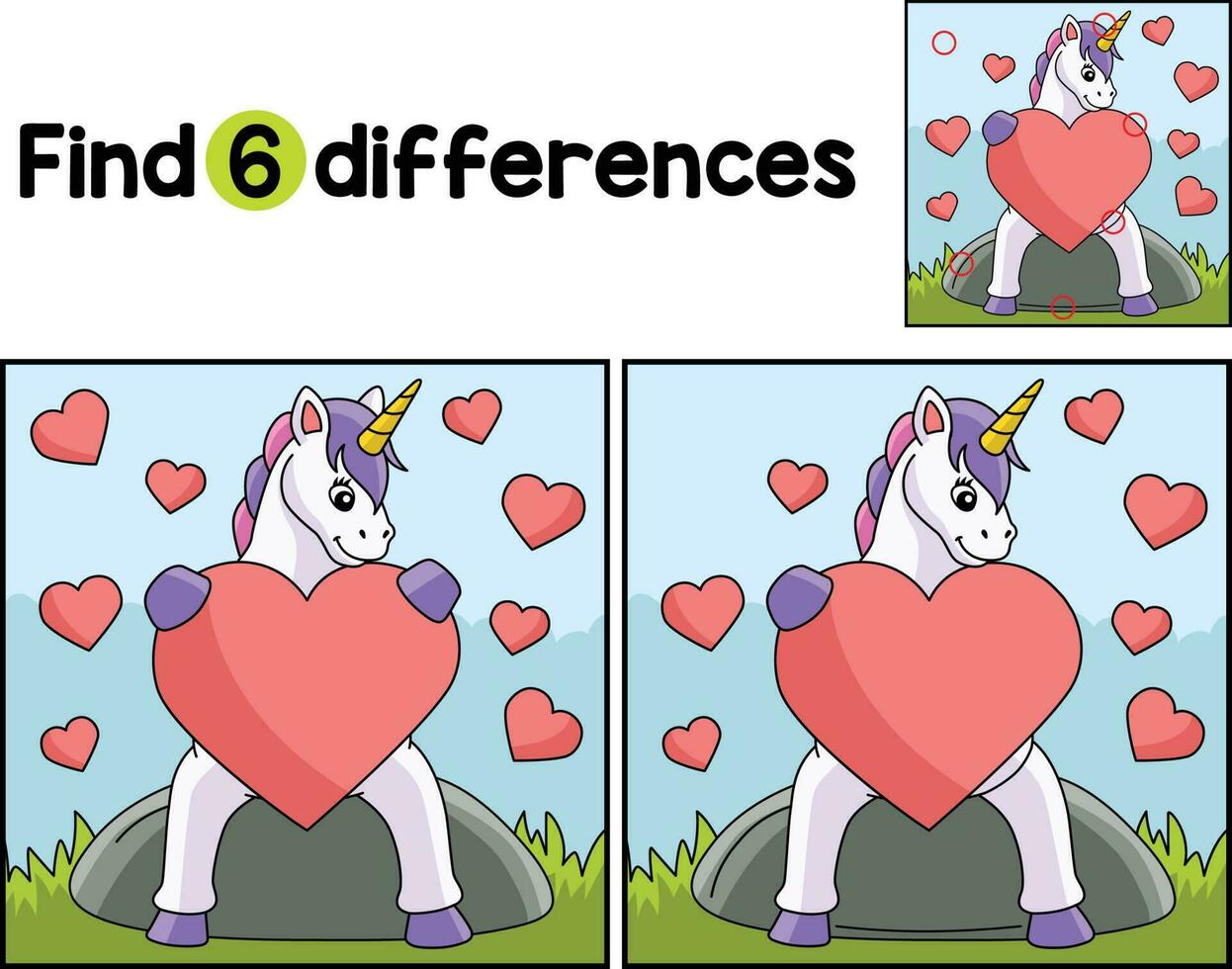 unicornio abrazando un corazón encontrar el diferencias vector