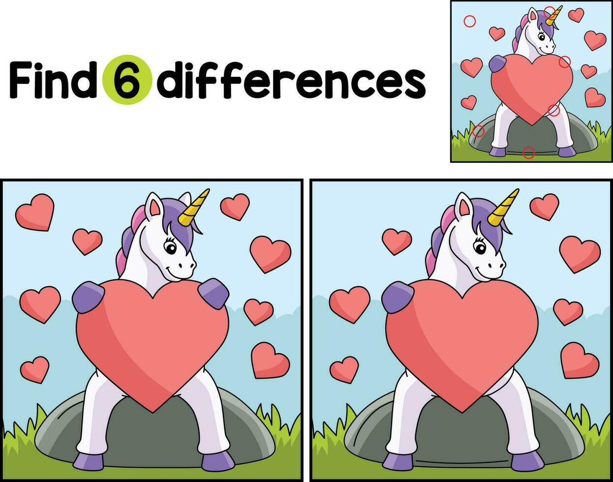 Unicorn Hugging a Heart Find The Differences vector
