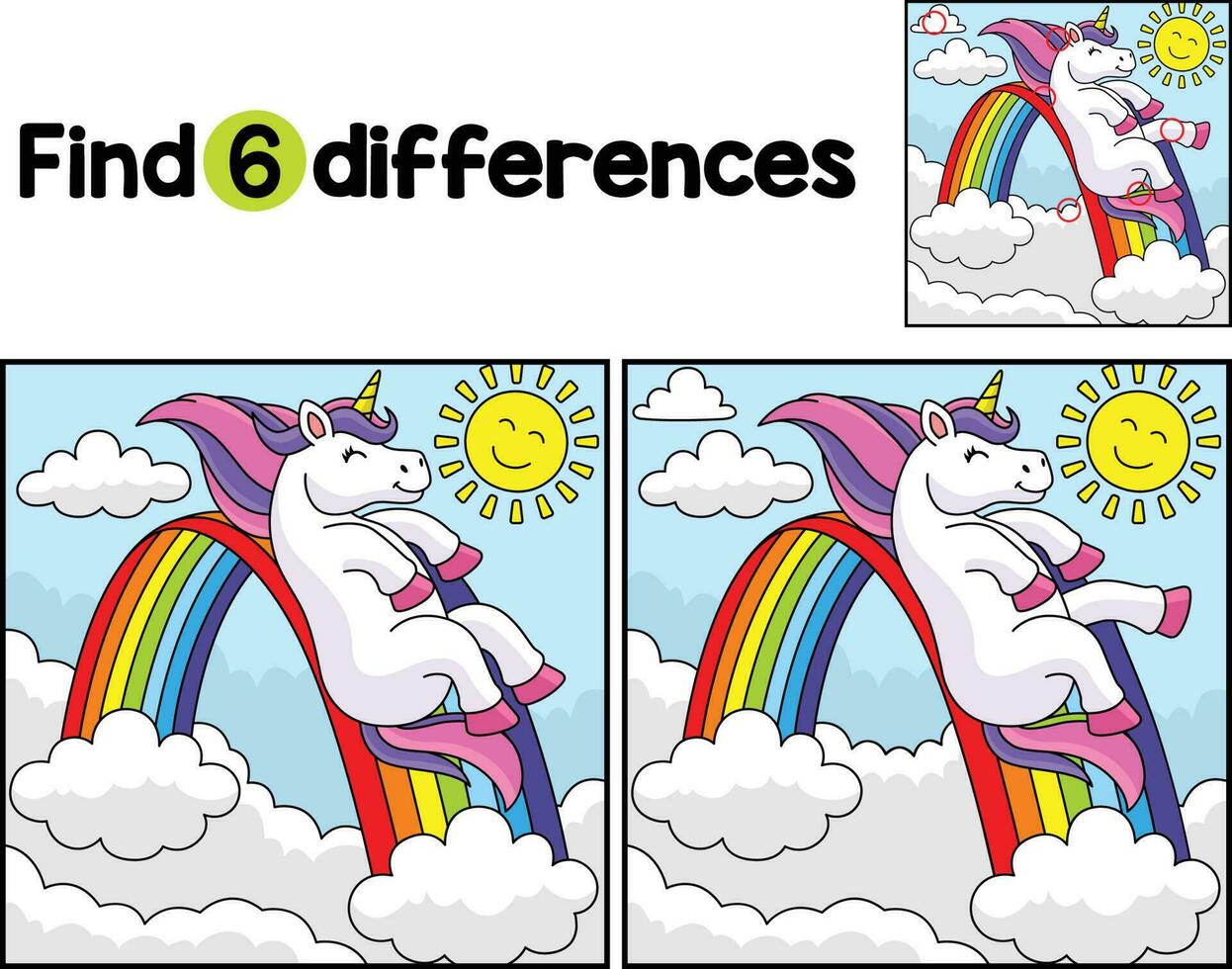 Unicorn Sliding on Rainbow Find The Differences vector