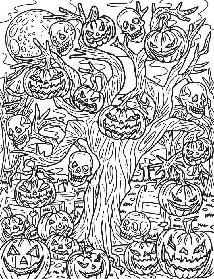 Halloween Haunted Tree Coloring Page for Adults vector