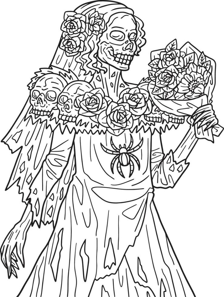 Halloween Wedding Gown Isolated Coloring Page vector