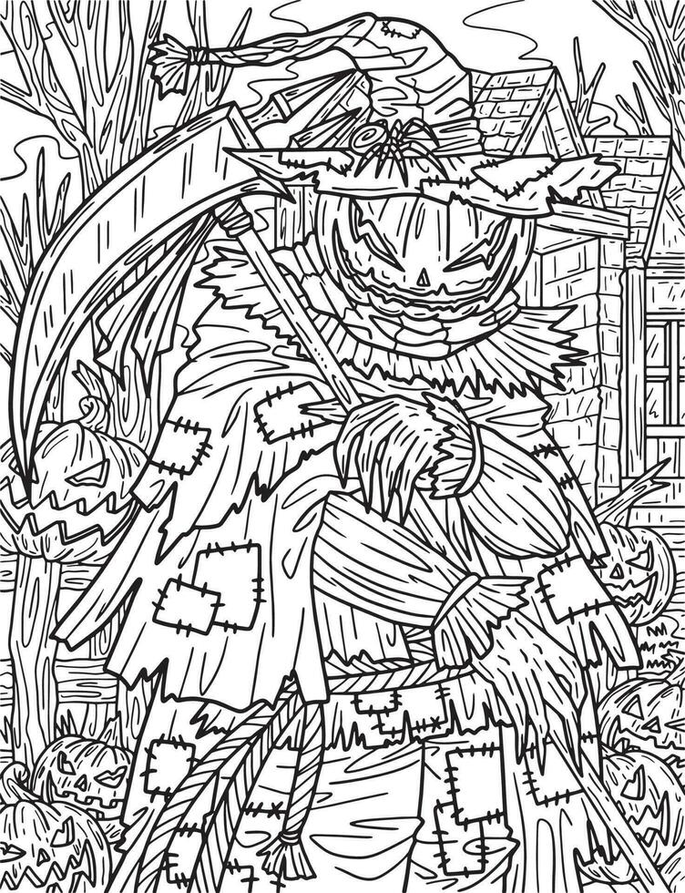 Halloween Scarecrow Scythe Adults Coloring Page vector