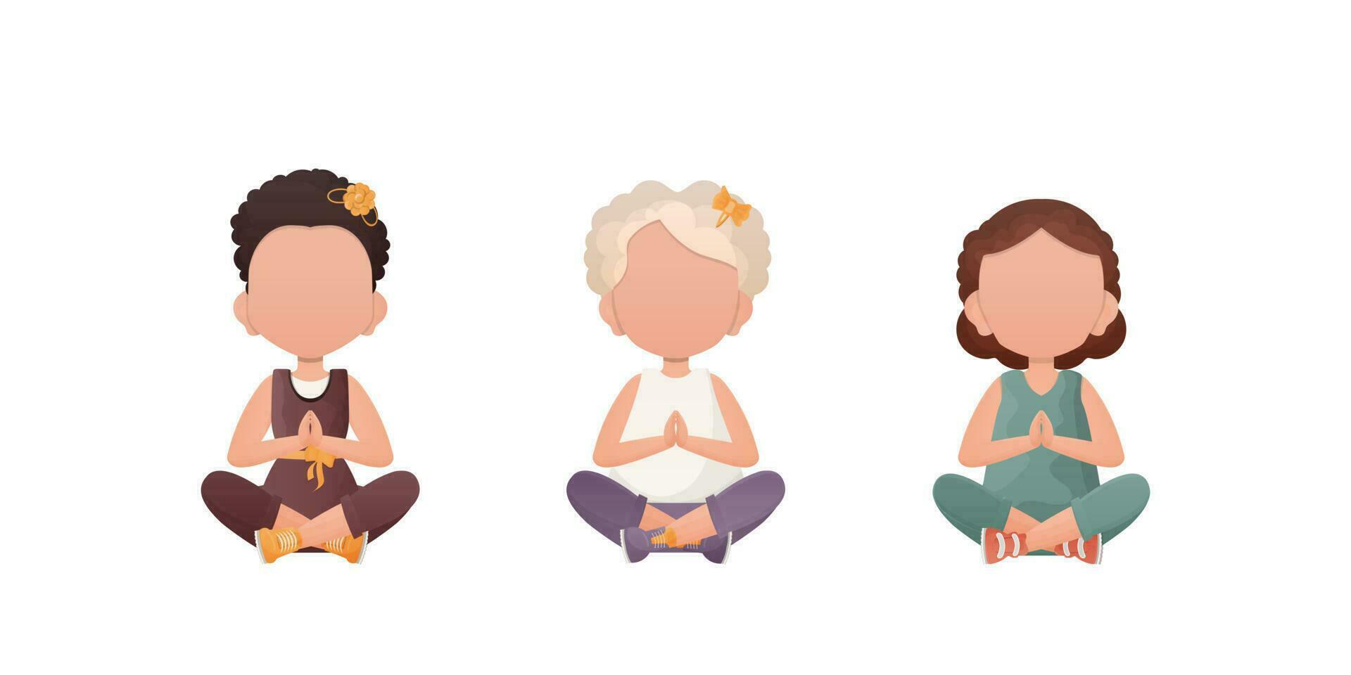 pequeño muchachas se sienta en el loto posición. linda yoga, atención plena y relajación. vector ilustración en dibujos animados estilo. conjunto aislado en un blanco antecedentes.