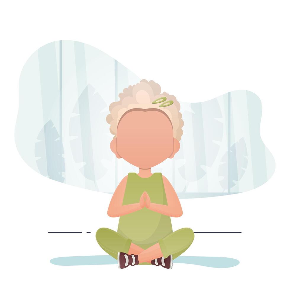 Little girl sits in the lotus position. Children's meditation. Vector illustration in cartoon style.