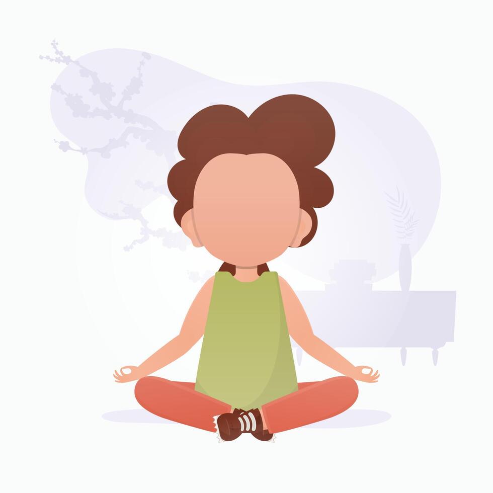 Little girl is doing yoga. Children's meditation. Cartoon style. vector