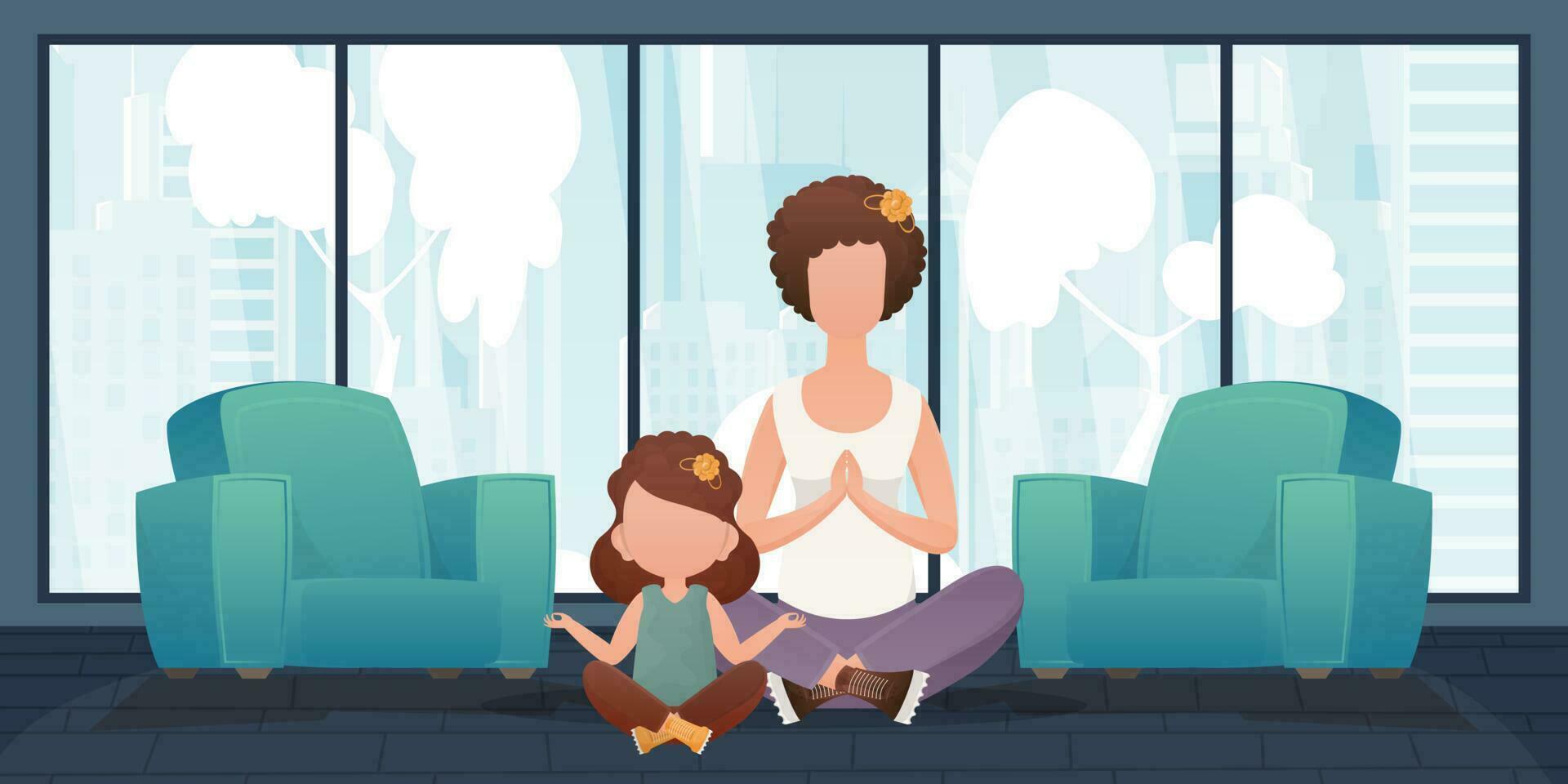 mamá y pequeño hija hacer yoga juntos. dibujos animados estilo. vector ilustración.