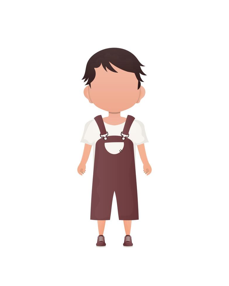 Dark-haired little boy, preschool age in overalls. Isolated. Cartoon style. illustration. vector
