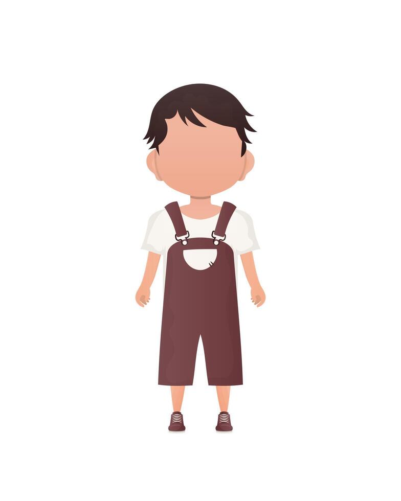 Dark-haired little boy, preschool age in overalls. Isolated. Cartoon style. Vector illustration.