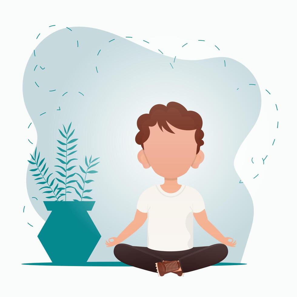 un linda preescolar chico es meditando en el habitación. sano vida concepto. vector ilustración en dibujos animados estilo.