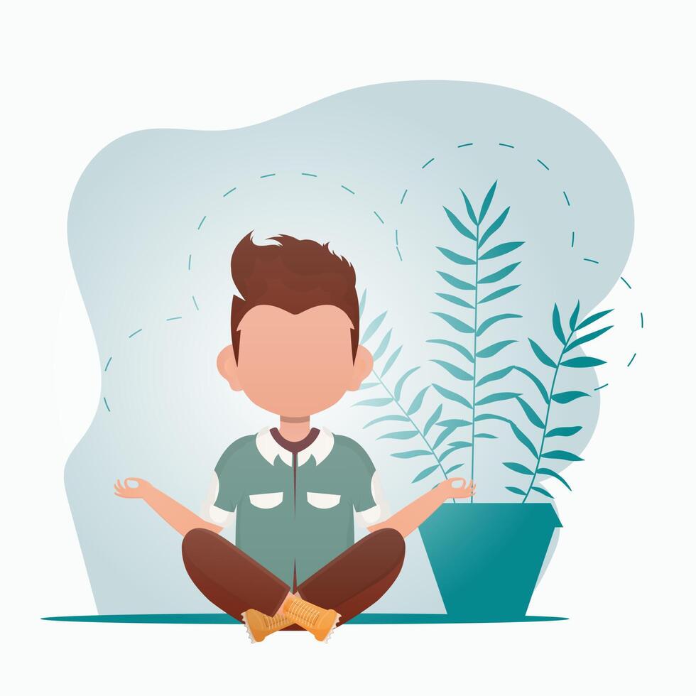 A cute little boy is meditating in the room. Sports and recreation concept. Cartoon style. illustration. vector