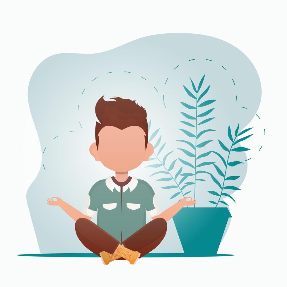 un linda pequeño chico es meditando en el habitación. Deportes y recreación concepto. dibujos animados estilo. vector ilustración.