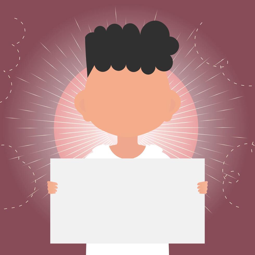 A cute preschool boy is holding a blank sheet of paper in his hands. Place for your text. illustration in cartoon style. vector