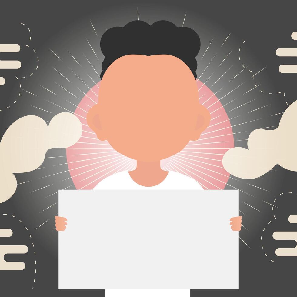 A cute little boy is holding an empty tablet in his hands. Place for your logo, text or design. illustration in cartoon style. vector
