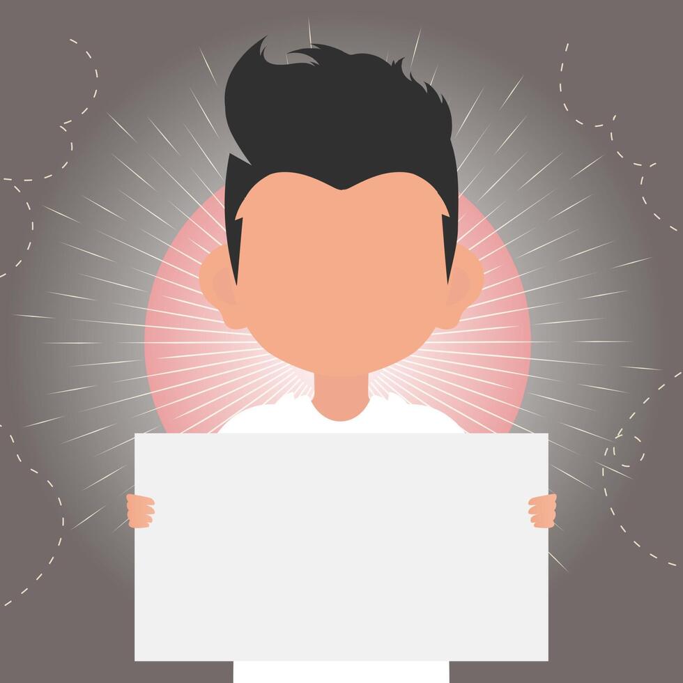 A cute little baby boy is holding an empty transport box. Place for your logo, text or design. illustration in cartoon style. vector