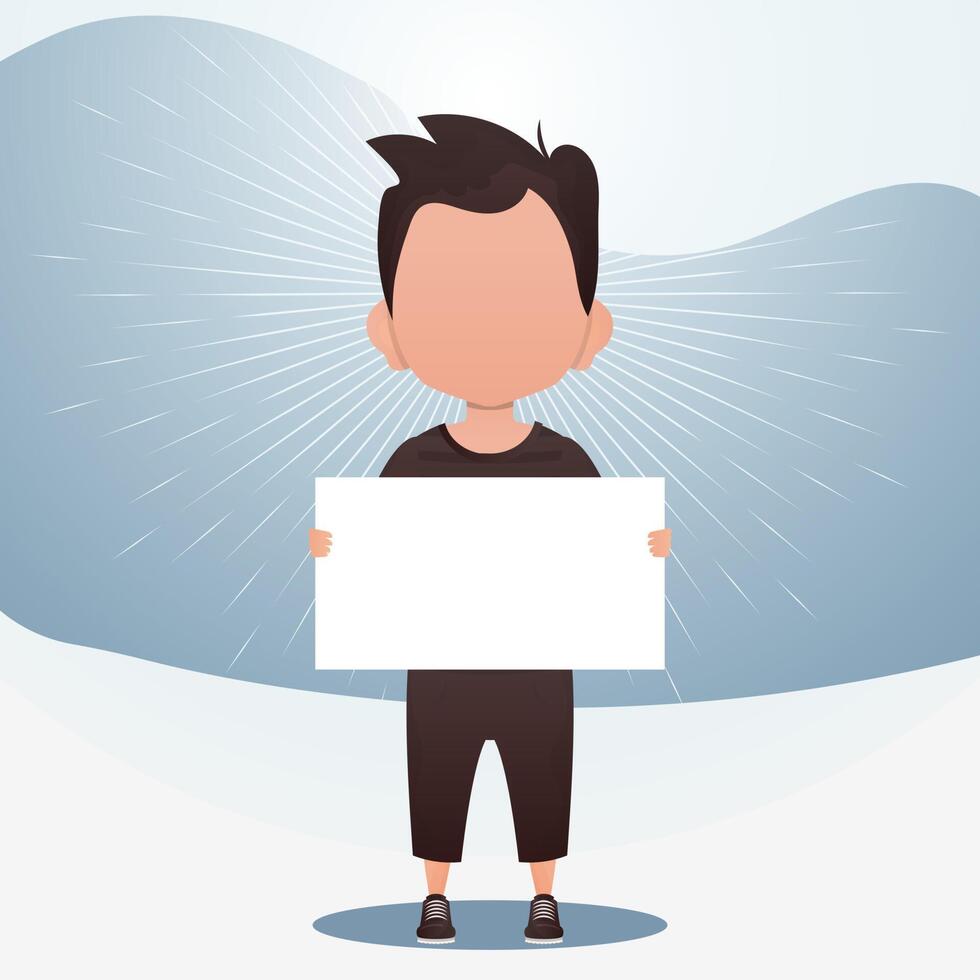 Cute little baby boy with a blank banner. Place for your logo, text or design. Cartoon style. illustration. vector