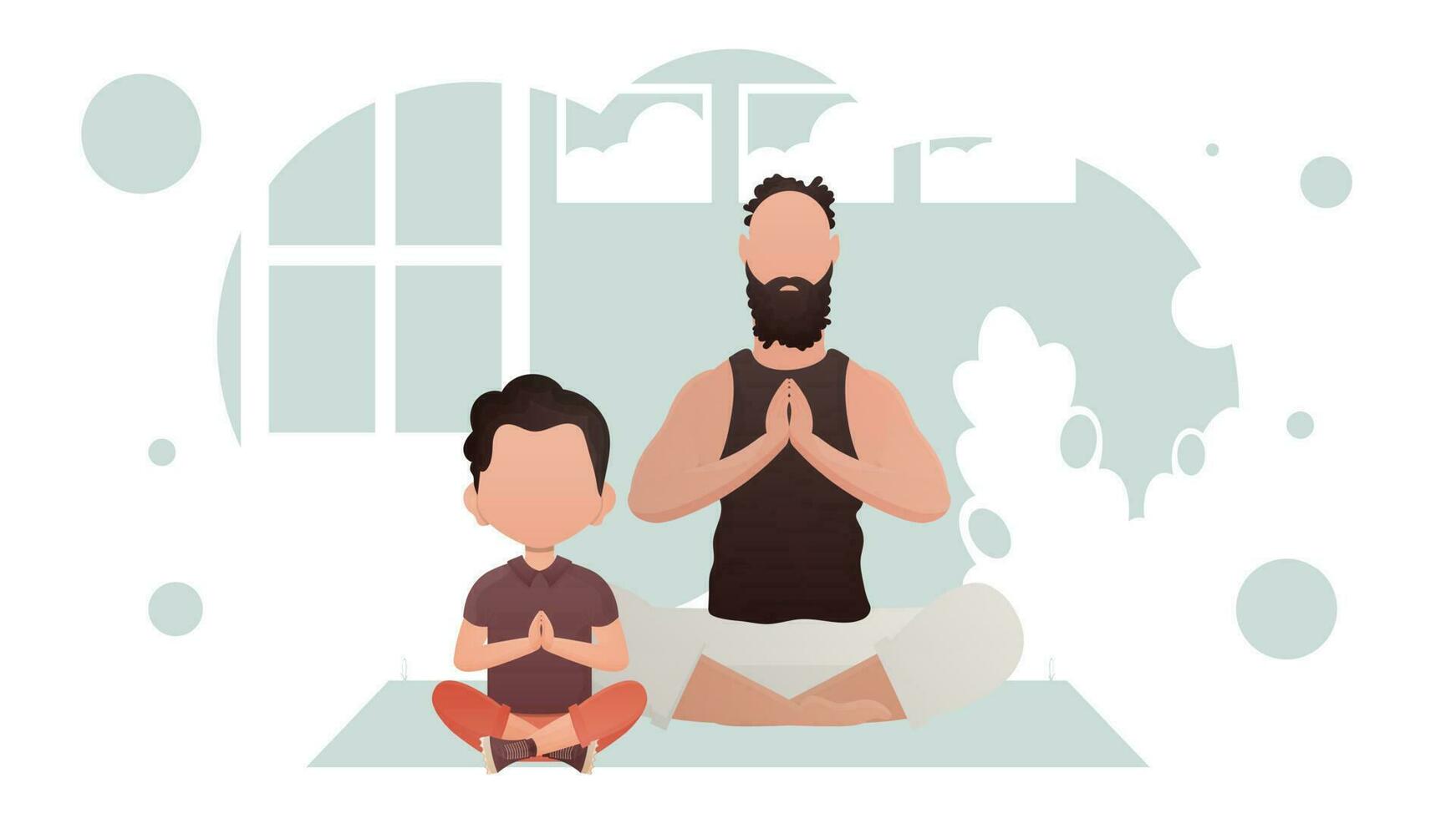 Dad with a little son sit meditate in the lotus position. Yoga. Cartoon style. vector