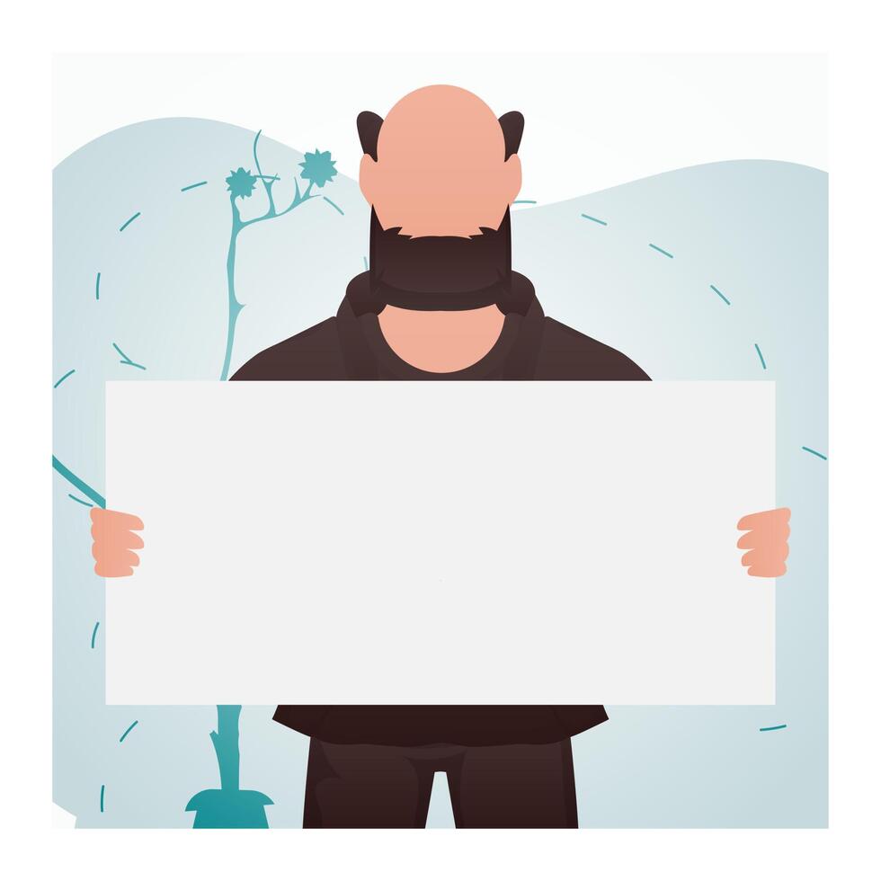 A man holds an empty tablet in his hands. Rally. Cartoon style. vector