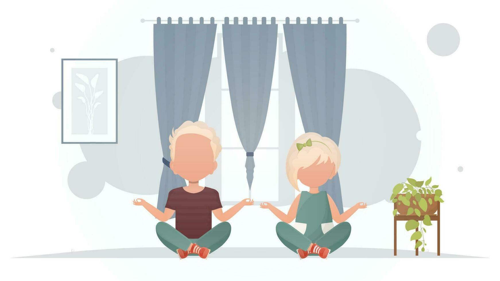 chico y niña son comprometido en meditación en el habitación. yoga. dibujos animados estilo. vector