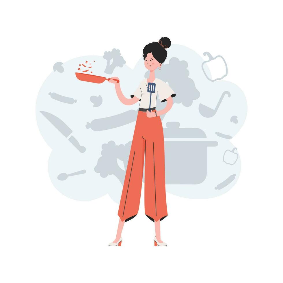 A woman stands in full growth holding a frying pan. Cafe. Element for presentations, sites. vector