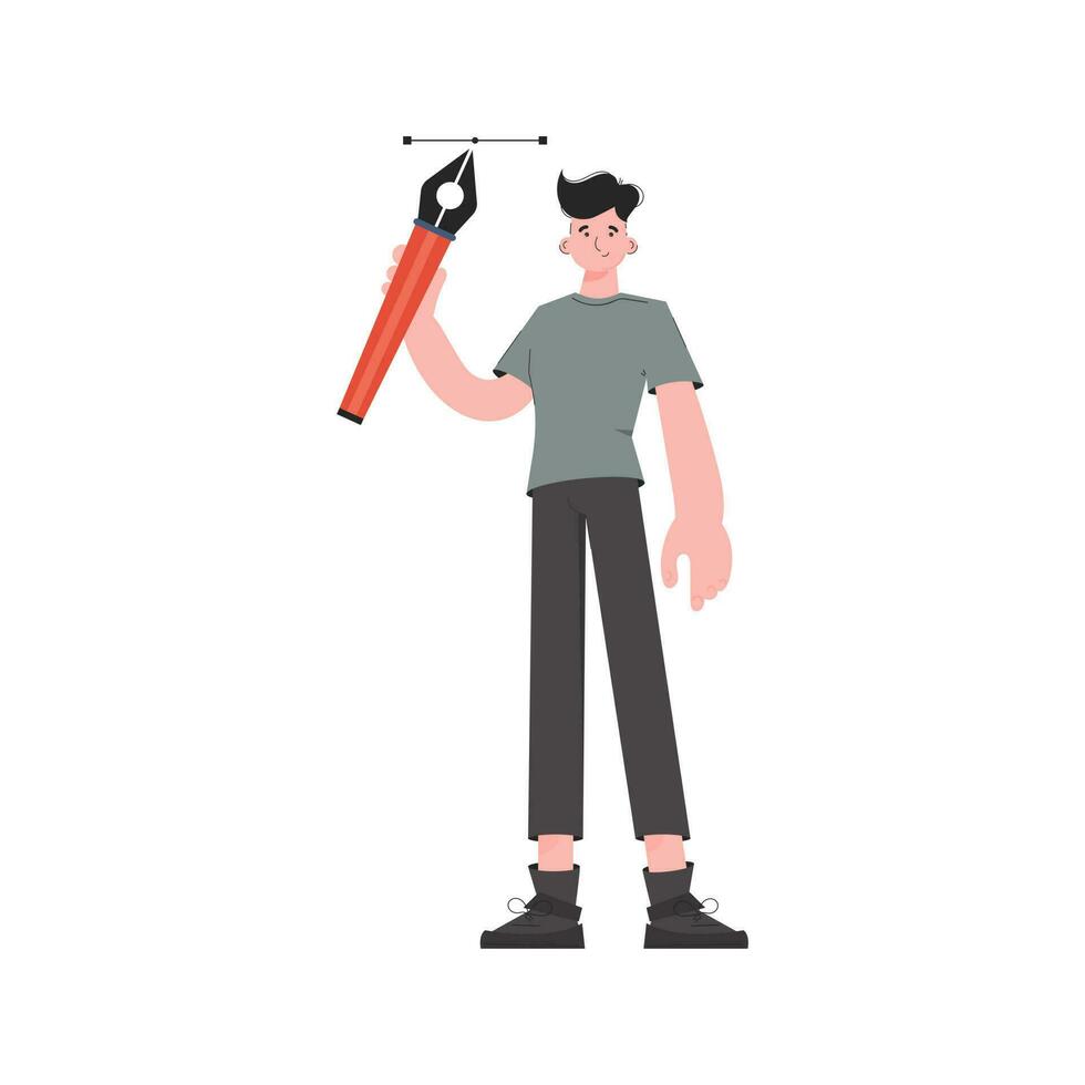 A male designer stands in full growth holding a pen tool in his hands. Isolated. Element for presentations, sites. vector