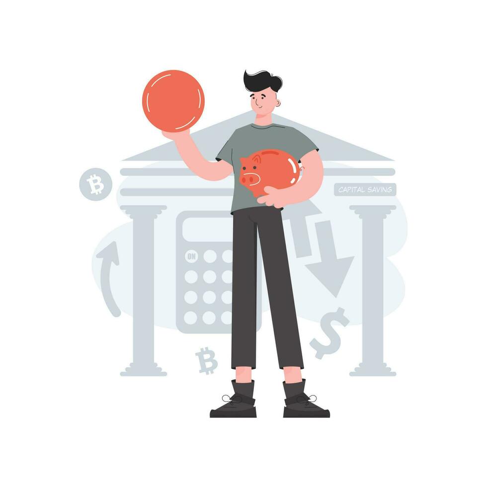 A man stands in full growth holding a coin and a savings box in his hands. Element for presentations, sites. vector