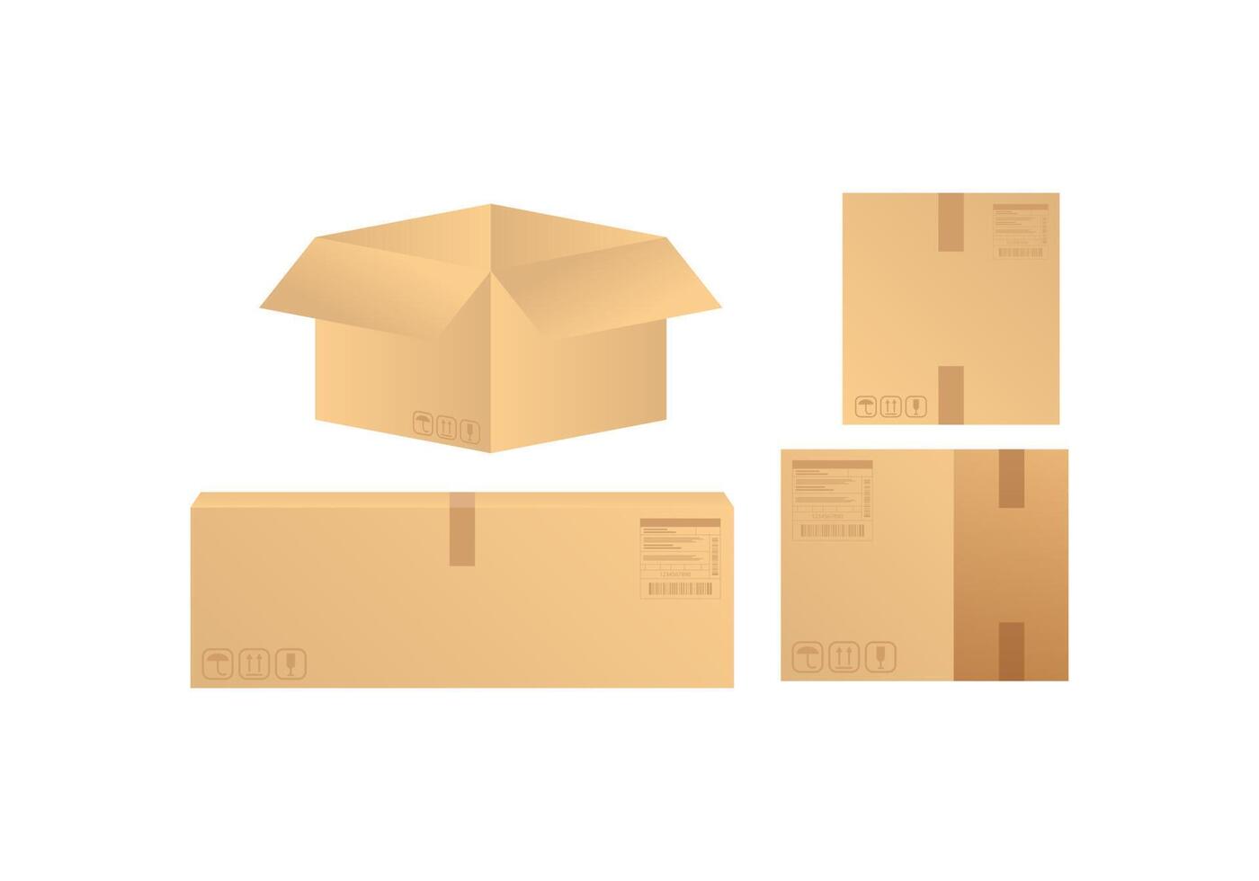 Carton delivery packaging open and closed box with fragile signs. Cardboard box mockup set. vector