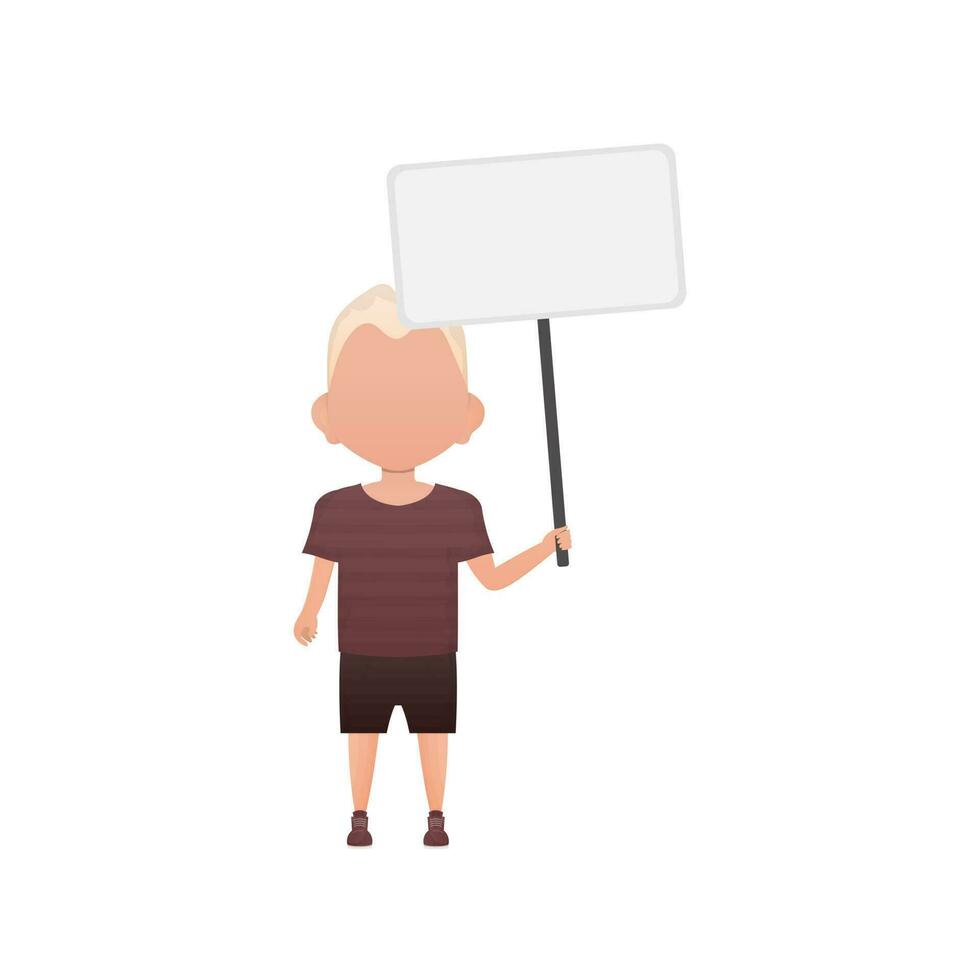 Cute little baby boy with a blank banner. Isolated. Vector illustration in cartoon style.