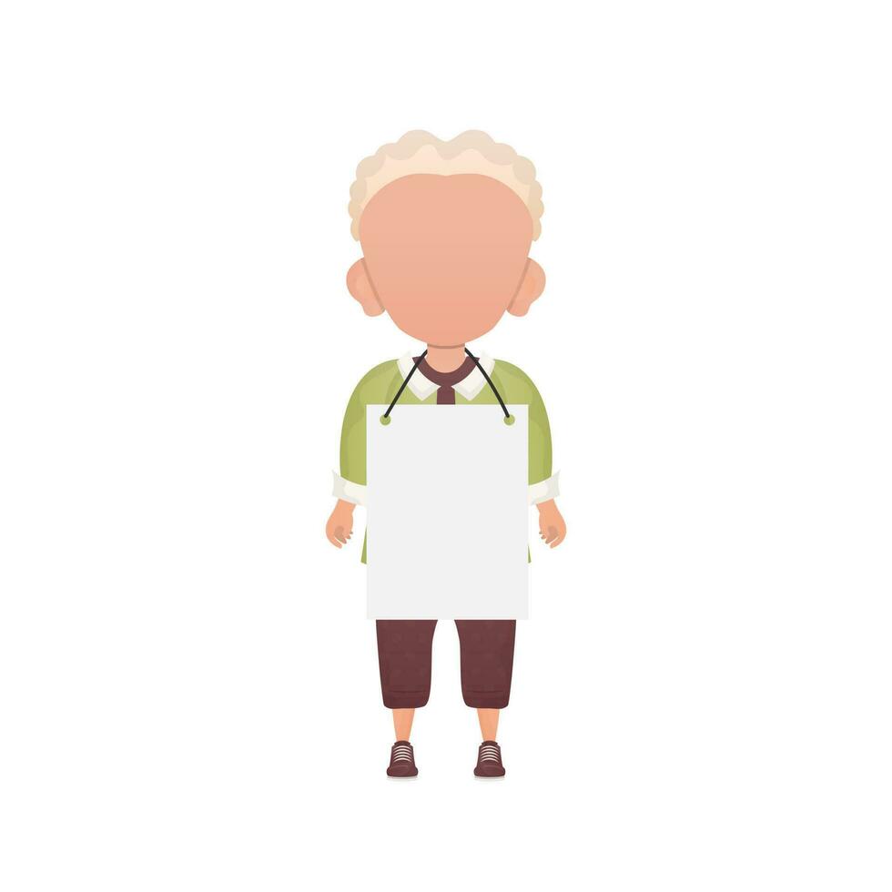 A cute little boy with a blank banner. Isolated. Vector illustration in cartoon style.