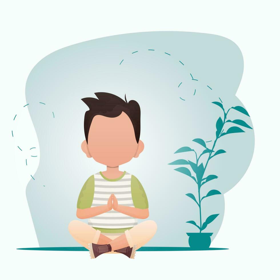 A cute little boy is meditating in the room. Healthy life concept. Vector illustration in cartoon style.