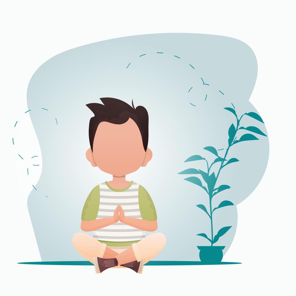 un linda pequeño chico es meditando en el habitación. sano vida concepto. vector ilustración en dibujos animados estilo.