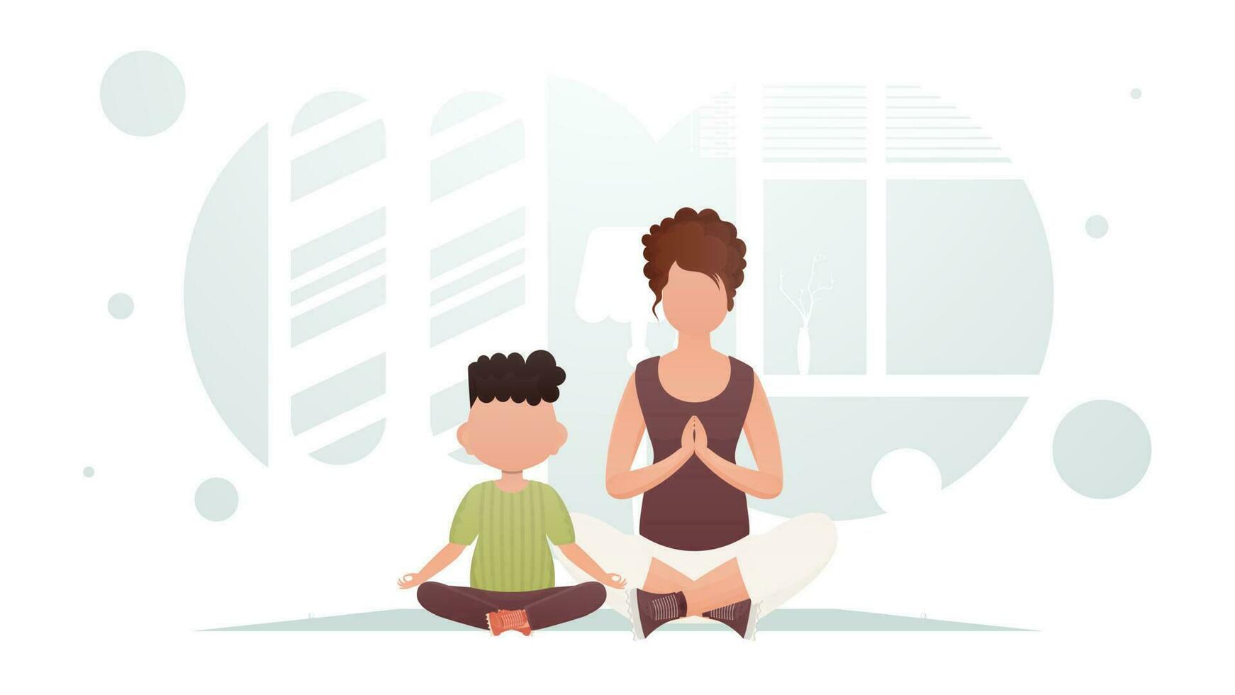 Mom and son are sitting meditating. Yoga. Cartoon style. vector