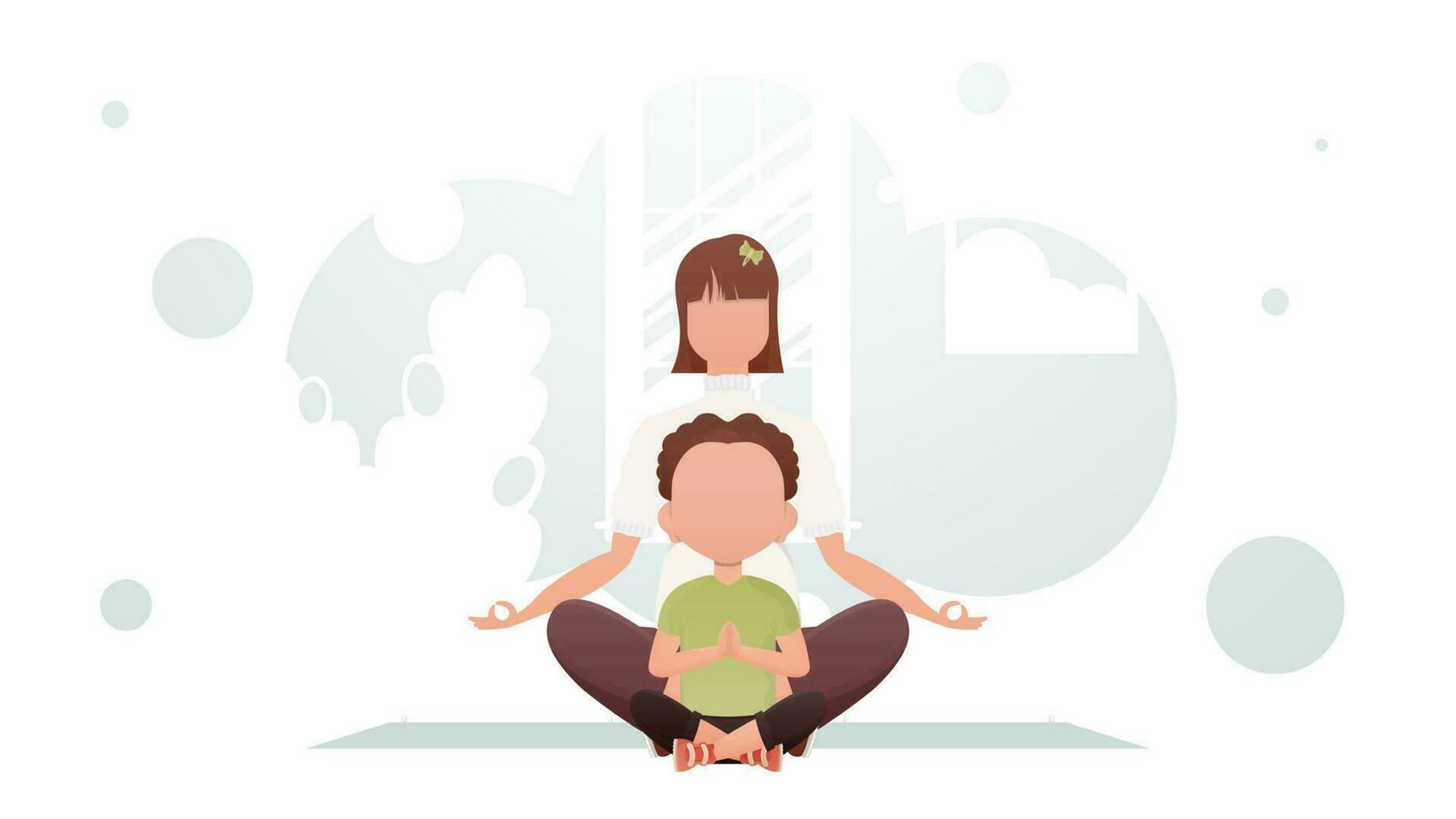 Mom and son are sitting meditating in the lotus position. Yoga. Cartoon style. vector